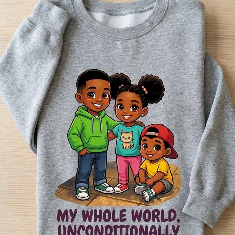 Kids Gray Sweatshirt with Colorful Sibling Cartoon